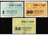 CATALUNYA. Lote 3 billetes 25, 50 Cèntims y 1 Pesseta. Setem