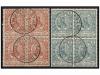 ° ITALIA. 1910. 5 cts. rojo y 15 cent. verde. Bloques de cua