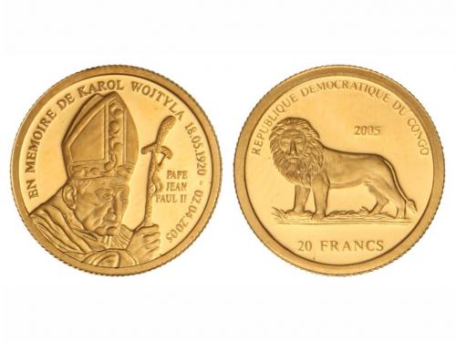 CONGO. 20 Francos. 2005. 1,24 grs. AU. En memoria de Juan Pa