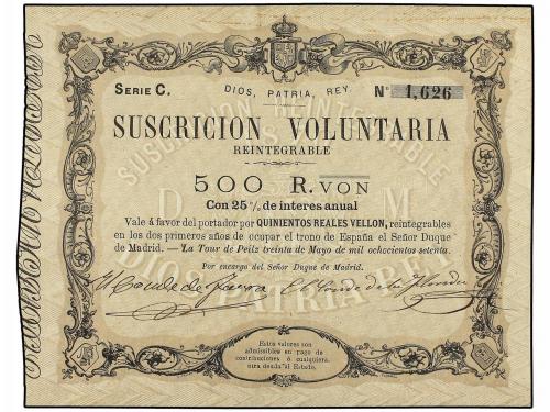 ANTIGUOS. Suscrición Voluntaria 500 Reales de Vellón. 30 May