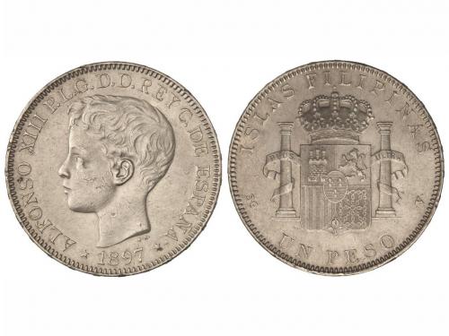 ALFONSO XIII. 1 Peso. 1897. MANILA. S.G.-V. (Pequeños golpec