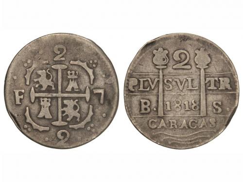 FERNANDO VII. 2 Reales. 1818. CARACAS. B.S. Leones - castill