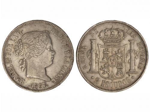ISABEL II. 2 Escudos. 1867. MADRID. 25,87 grs. (Golpecitos).