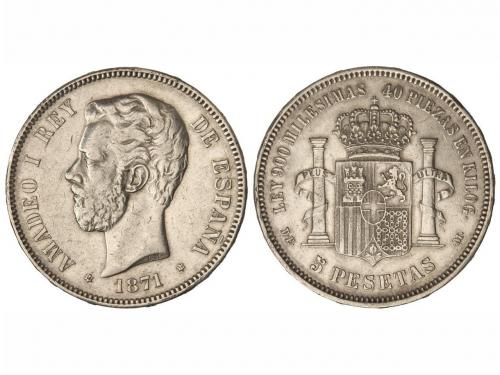 AMADEO I. 5 Pesetas. 1871 (*18-73). D.E./S.D.-M. Trazo super