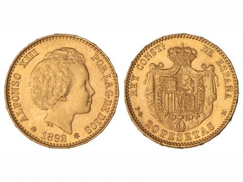 ALFONSO XIII. 20 Pesetas. 1892 (*18-92). P.G.-M. (Levísimas 