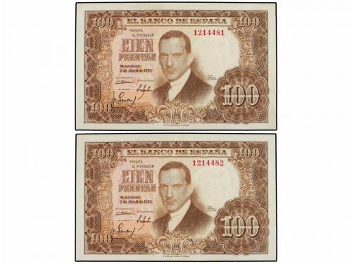 ESTADO ESPAÑOL. Lote 2 billetes 100 Pesetas. 7 Abril 1953. R