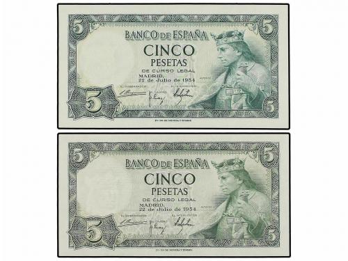 ESTADO ESPAÑOL. Lote 2 billetes 5 Pesetas. 22 Julio 1954. Al