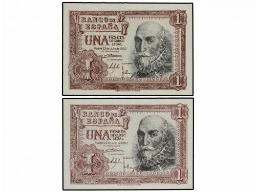 ESTADO ESPAÑOL. Lote 2 billetes 1 Peseta. 22 Julio 1953. Mar