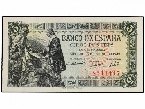 ESTADO ESPAÑOL. 5 Pesetas. 15 Junio 1945. Ed-449. Capitulaci