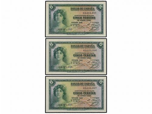 GUERRA CIVIL, ZONA REPUBLICANA. Lote 3 billetes 5 Pesetas. 1