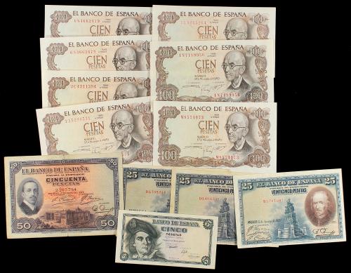 BANCO DE ESPAÑA. Lote 54 billetes 5 a 1.000 Pesetas. 1925 a 