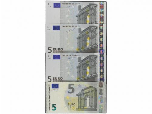 EMISIONES EN EUROS. Lote 4 billetes 5 Euros. 2002 a 2013. Ed