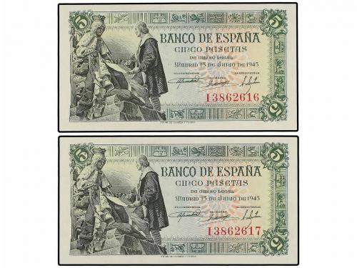 ESTADO ESPAÑOL. Lote 2 billetes 5 Pesetas. 15 Junio 1945. Ca