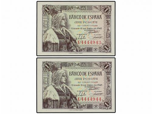 ESTADO ESPAÑOL. Lote 2 billetes 1 Pesetas. 15 Junio 1945. Is