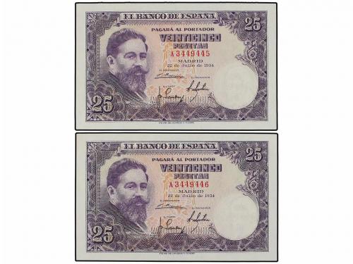 ESTADO ESPAÑOL. Lote 2 billetes 25 Pesetas. 22 Julio 1954. A
