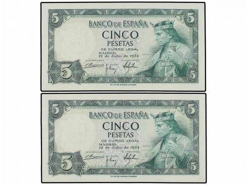 ESTADO ESPAÑOL. Lote 2 billetes 5 Pesetas. 22 Julio 1954. Al