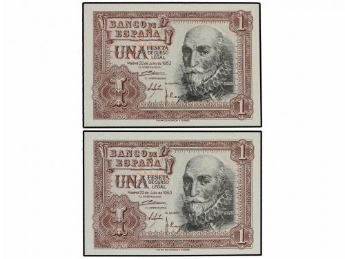 ESTADO ESPAÑOL. Lote 2 billetes 1 Peseta. 22 Julio 1953. Mar