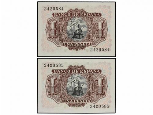ESTADO ESPAÑOL. Lote 2 billetes 1 Peseta. 22 Julio 1953. Mar