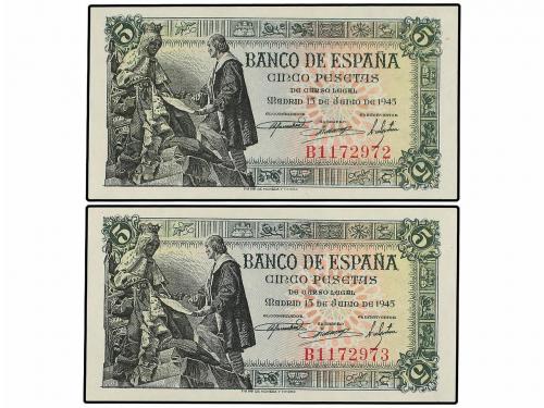ESTADO ESPAÑOL. Lote 2 billetes 5 Pesetas. 15 Junio 1945. Ca