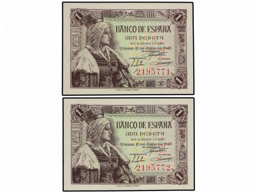 ESTADO ESPAÑOL. Lote 2 billetes 1 Peseta. 15 Junio 1945. Isa