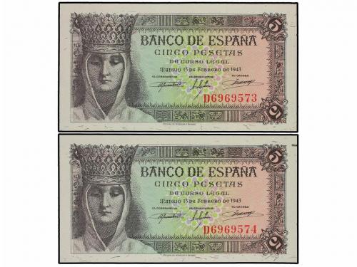 ESTADO ESPAÑOL. Lote 2 billetes 5 Pesetas. 13 Febrero 1943. 