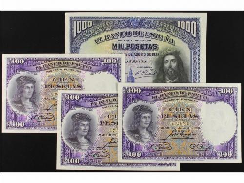 GUERRA CIVIL, ZONA REPUBLICANA. Lote 4 billetes 100 (3) y 1.