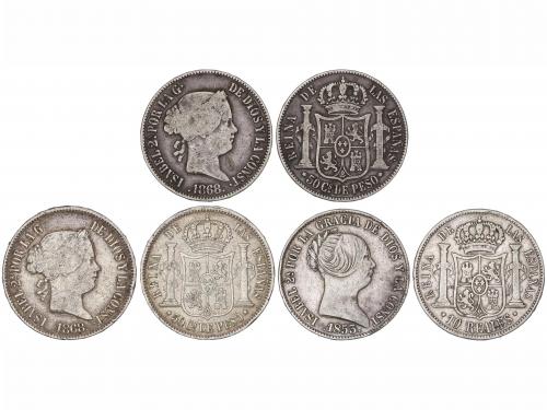ISABEL II. Lote 3 monedas 10 Reales y 50 Centavos de Peso (2