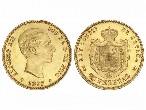 ALFONSO XII. 25 Pesetas. 1877 (*18-77). D.E.-M. Restos de br