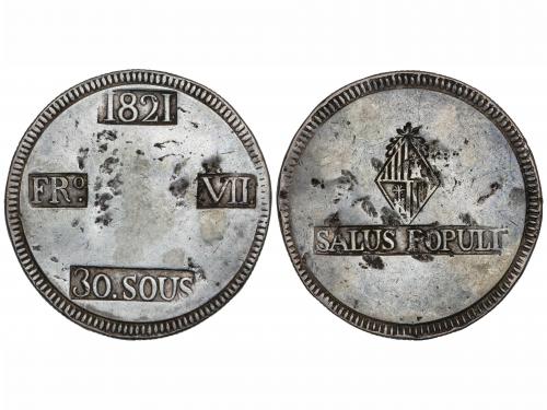 FERNANDO VII. 30 Sous. 1821. MALLORCA. 26,54 grs. (Golpes). 