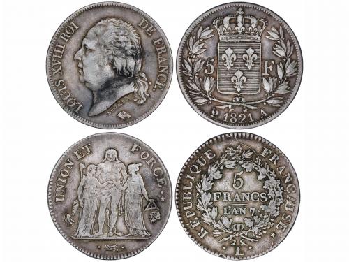 FRANCIA. Lote 2 monedas 5 Francos. Año 7 -L y 1821-A. I REPÚ