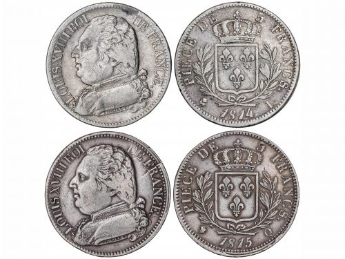 FRANCIA. Lote 2 monedas 5 Francos. 1814-L y 1815-Q. LUÍS XVI