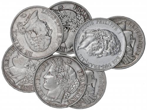 FRANCIA. Lote 7 monedas 5 Francos. 1823 a 1850. LUIS XVIII, 