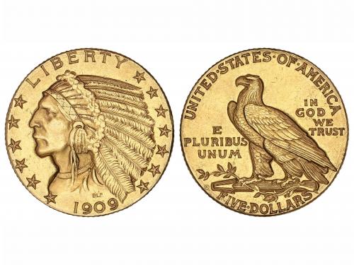 ESTADOS UNIDOS. 5 Dólares. 1909. 8,35 grs. AU. Tipo Indio. F