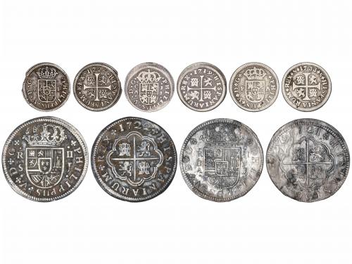 FELIPE V. Lote 5 monedas 1/2 (3), 2 Reales (2). 1719 a 1733.