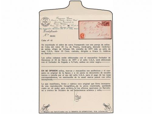 ✉ CUBA. Ed. 41. 1877. MATANZAS a BOSTON. 25 cts. verde (2). 