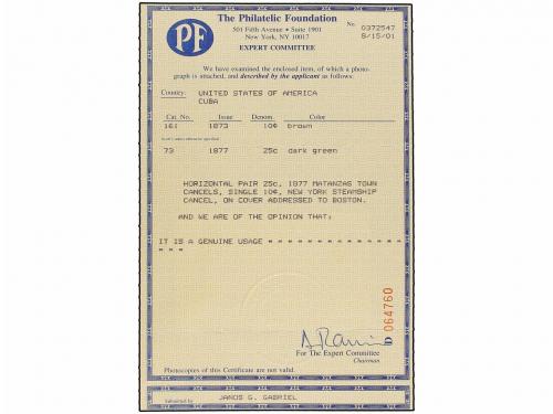 ✉ CUBA. Ed. 41. 1877. MATANZAS a BOSTON. 25 cts. verde (2). 