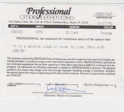 ✉ ESTADOS UNIDOS. Sc. 163, 178. 1878. BOSTON to LIMA. 15 cts