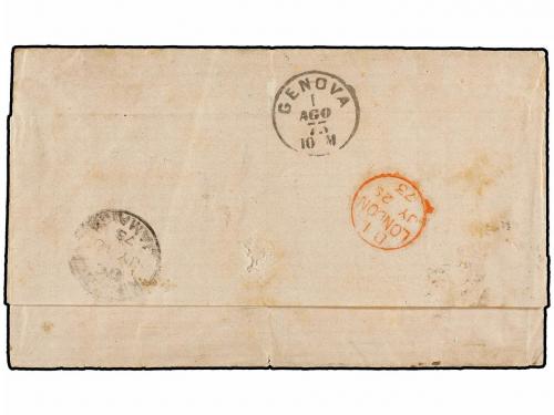✉ JAMAICA. 1873. KINGSTON a GÉNOVA. Circulada en el vapor "E