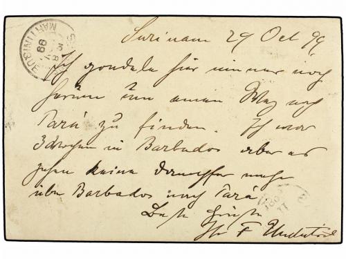 ✉ SURINAM. 1899. SURINAME a PERÚ. Entero Postal de 5 cts. li