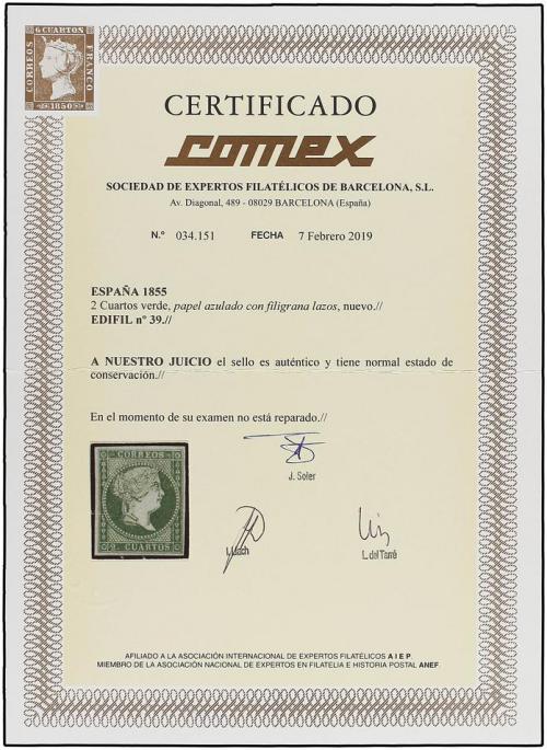 (*) ESPAÑA. Ed. 39. 2 cuartos verde. Color muy fresco y buen