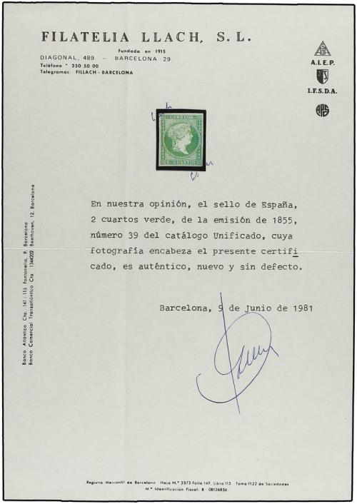 (*) ESPAÑA. Ed. 39. 2 cuartos verde. Color muy fresco y buen