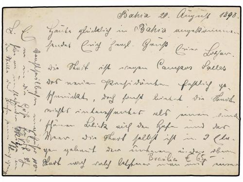 ✉ BRASIL. 1898. BAHIA a ALEMANIA. Tarjeta postal con publici