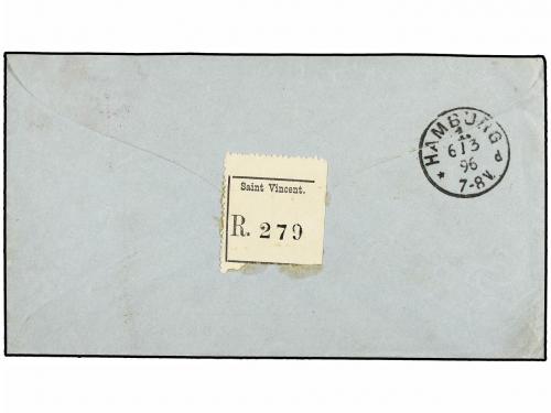 ✉ SAN VICENTE. 1896. KINGSTOWN to HAMBURG. 5 sh. carmín, reg