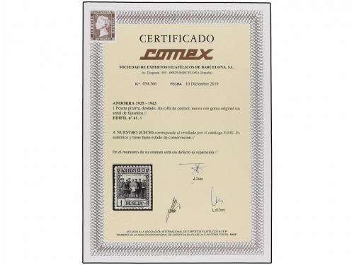 ** ANDORRA. Ed. 41. 1 pta. gris negro. MAGNÍFICO EJEMPLAR. C