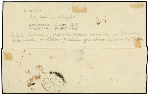 ✉ ESPAÑA. Ed. 133 (4). 1873. BARCELONA a FRANCIA. 10 cts. ve