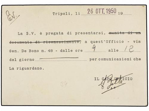 ✉ TRIPOLITANIA. Sa. 15. 1950 (28-X). OLIVETI a TRIPOLI. Tarj