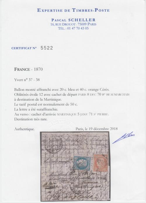 ¿ MARTINICA. 1870 (11 Diciembre). PARÍS a ST. PIERRE (Martin