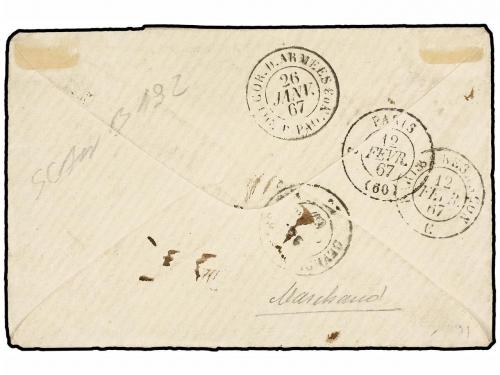 ✉ MARTINICA. 1867. MARTINICA a FRANCIA. 5 cts. verde, tira d