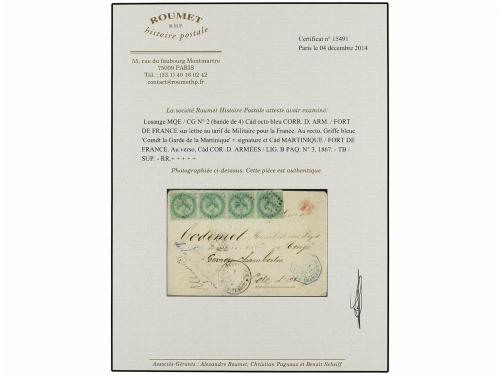 ✉ MARTINICA. 1867. MARTINICA a FRANCIA. 5 cts. verde, tira d