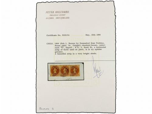 Δ CHILE. Sc. 3 (3). 1855. 5 cts. castaño rojo, impresión Des